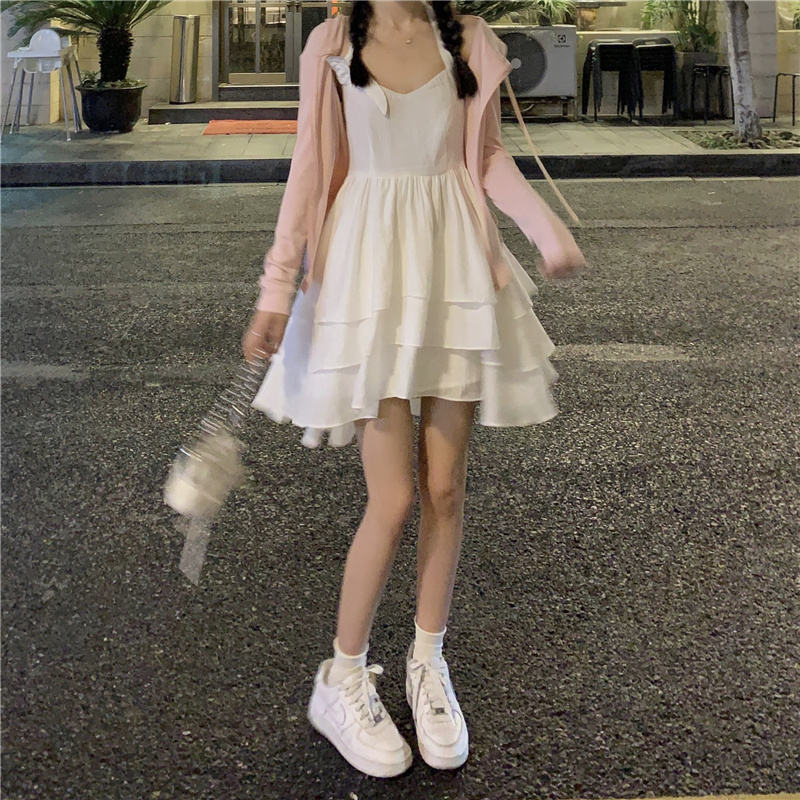 实价实拍恋恋白月光前短后长山茶花雪纺挂脖连衣裙+粉嫩防晒衫