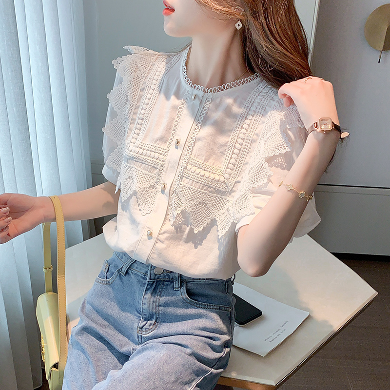 实拍2021夏季新款韩版百搭花边拼接圆领短袖休闲衬衫女上衣夏