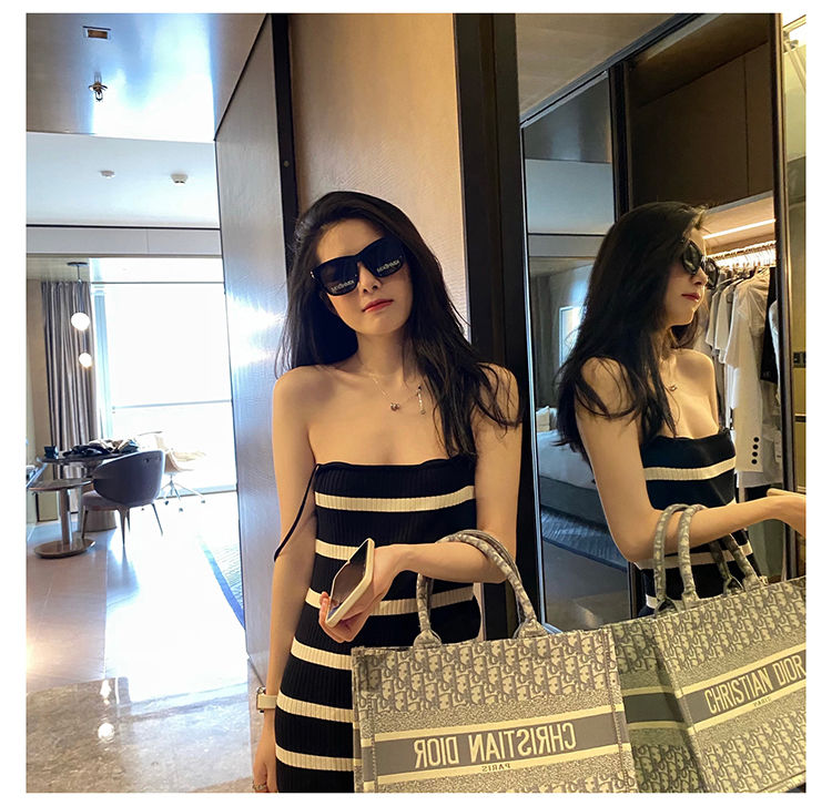 Stitching contrast stripe knitting ice silk suspender dress sexy hot girl slim fit tight bag buttock long skirt female summer