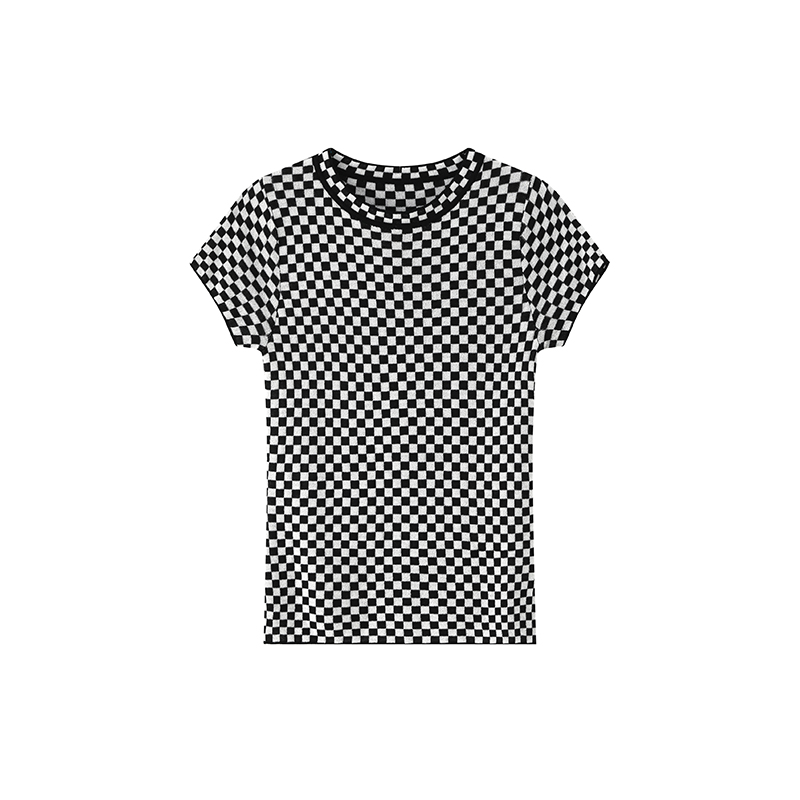 wxlstudio 马赛克格子冰丝针织短袖女夏季设计感小众T-shirt上衣