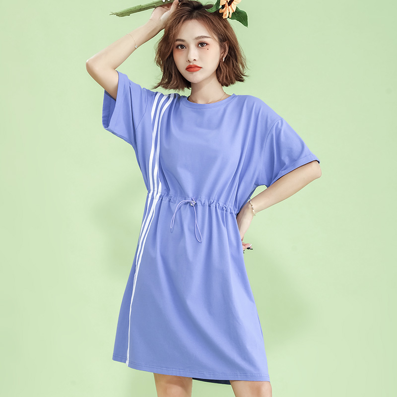 连衣裙3色实拍2021夏季收腰简约百搭白条T桖裙抽绳时尚运动风裙子