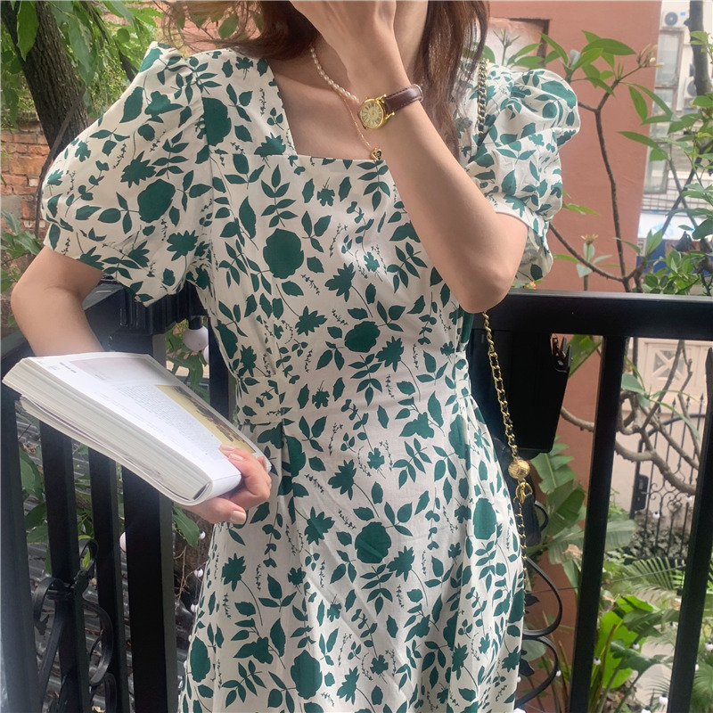 实拍实价 韩版法式度假碎花中长款收腰连衣裙 现货