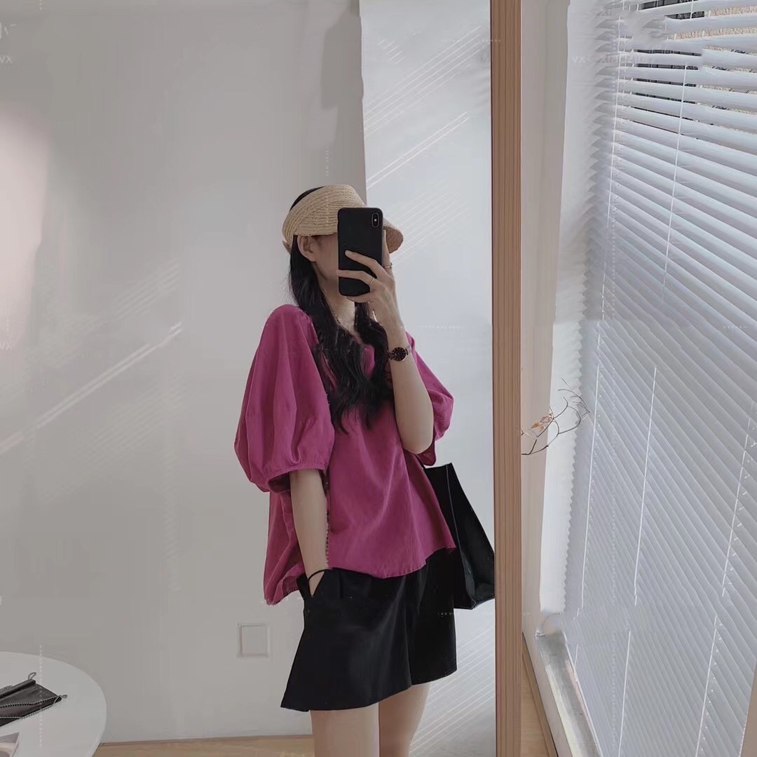 2021夏季新款韩版chic学院风百搭泡泡蝙蝠袖上衣+阔腿裤两件套