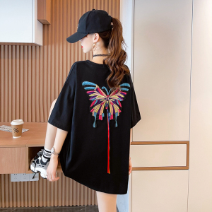 RM2285#蝴蝶刺绣个性短袖t恤女夏季设计感小众宽松圆领心机体恤上衣