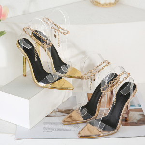Transparent metal chain square heel sandals for women