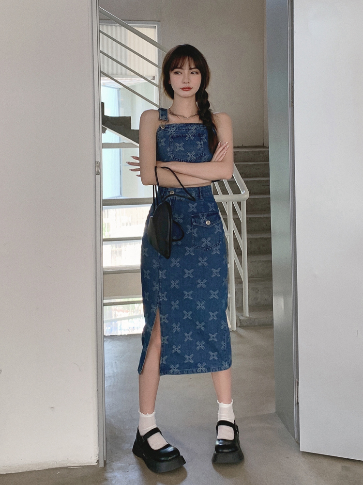 实拍 吊带休闲洋气减龄上衣+中长款半身裙两件套牛仔套装女酷ins