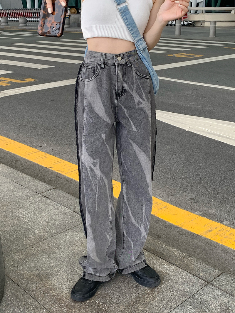 实价实拍三标齐设计感个性扎染牛仔裤高腰显瘦阔腿裤