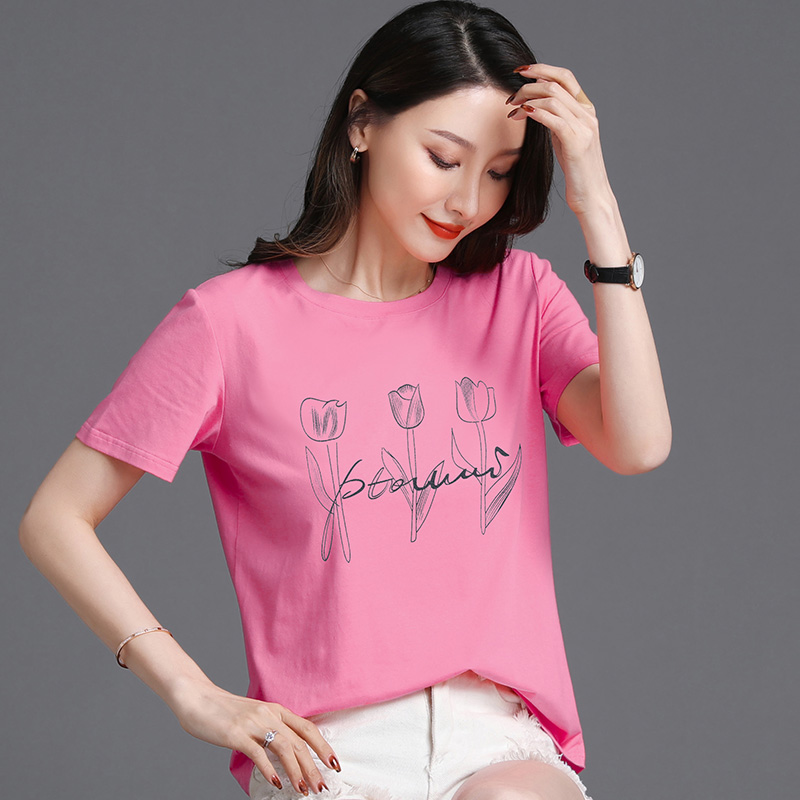 常规短袖实拍2021夏新款印花植物简约时尚t恤女装100%棉韩版宽松