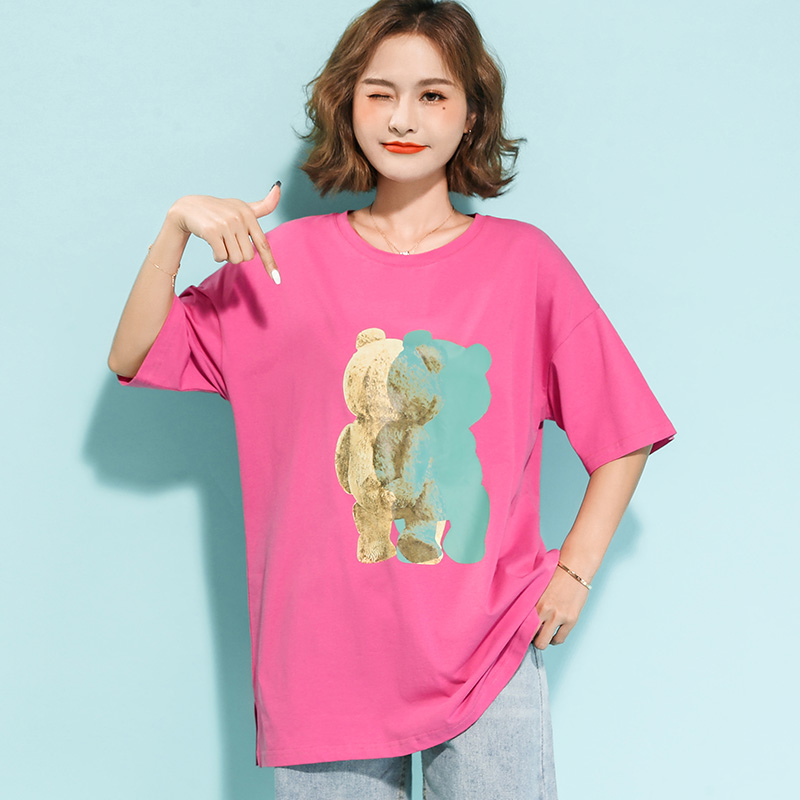 BF短袖实拍多款式2021新款大码中长款宽松图案t恤女妆休闲纯棉T恤