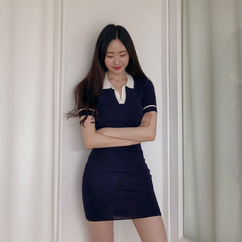 现 货！party秀 韩国新款版型美修身POLO领中长款连衣裙