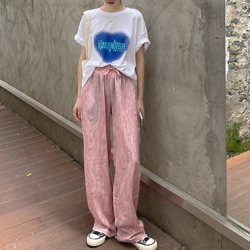 实价实拍三标齐韩版宽松扎染高腰休闲阔腿裤长裤