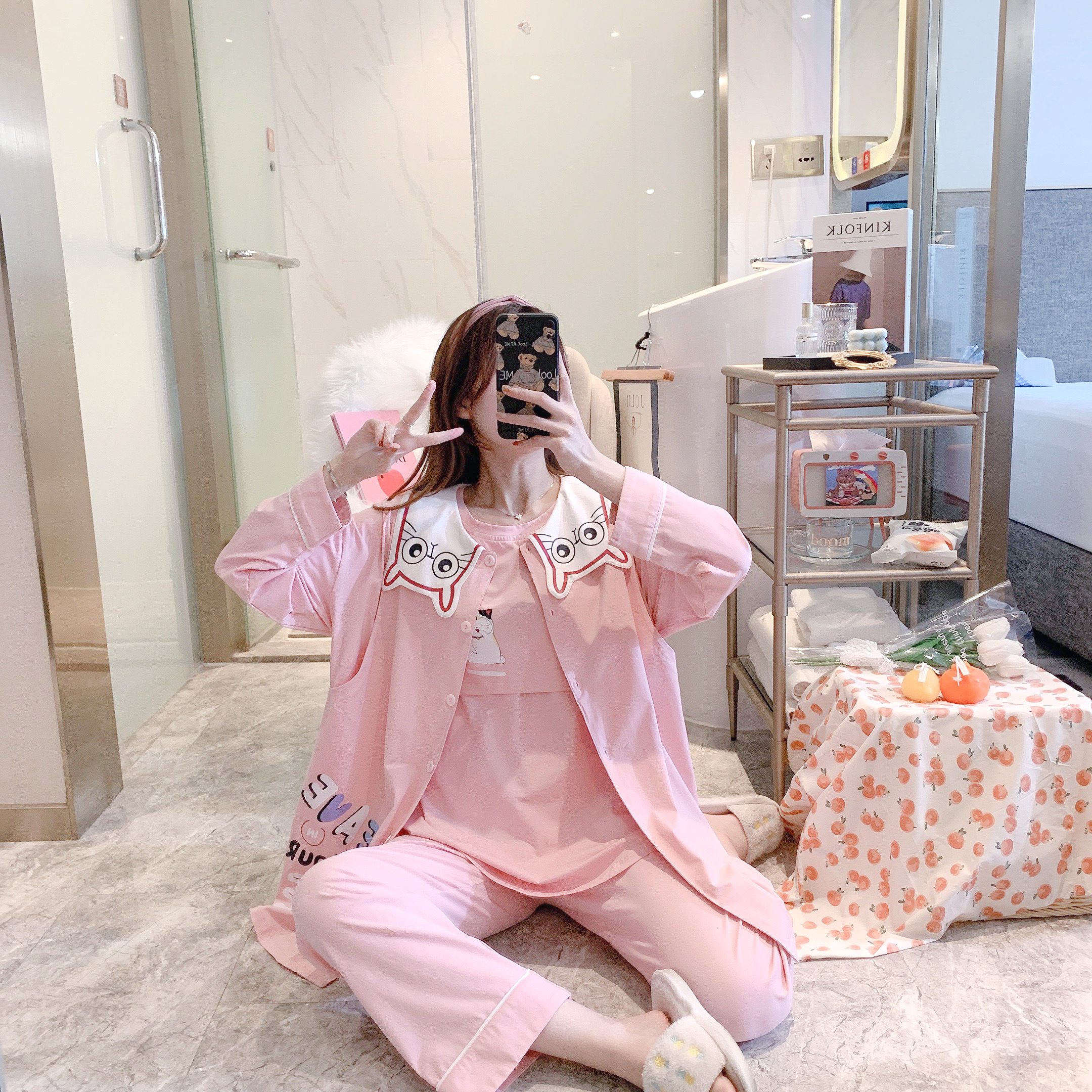 717家居服-纯棉哺乳睡衣女产后春秋月子服和服三件套喂奶孕妇套装