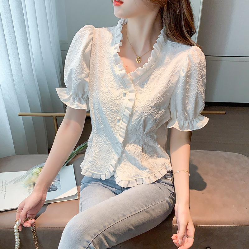 实拍2021夏季新款韩版百搭木耳边百搭V领短袖衬衫女小个子上衣夏