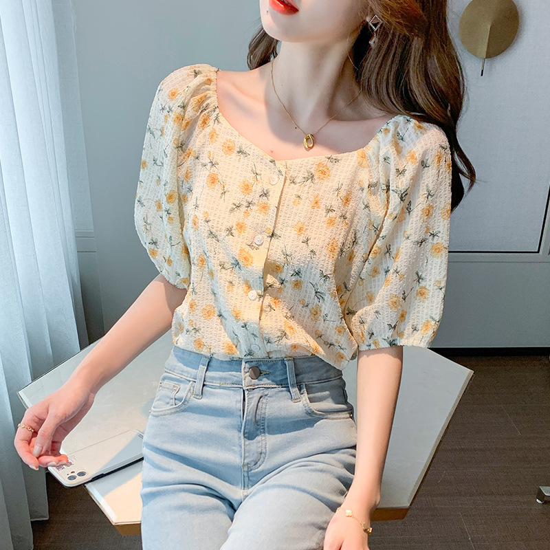 实拍2021夏季新款韩版百搭印花短袖小个子衬衫女上衣夏