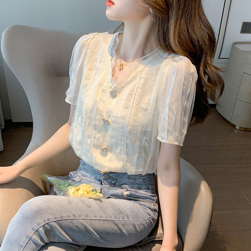 实拍2021夏季新款韩版百搭V领拼接短袖雪纺衫女衬衫时髦上衣潮