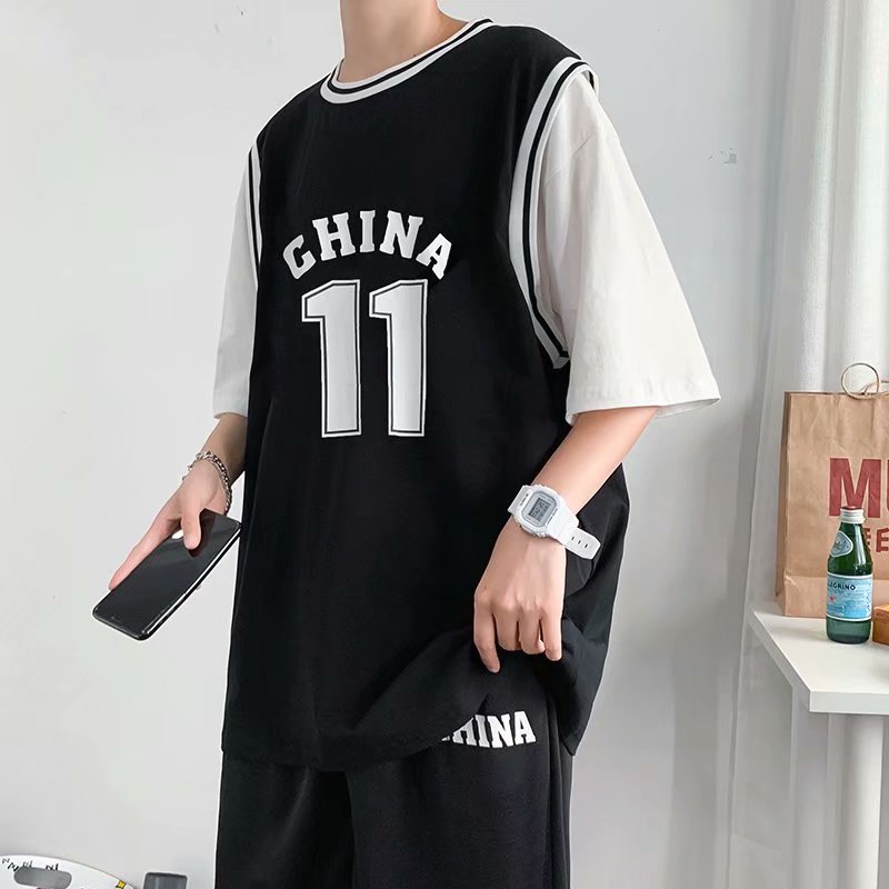 实拍夏季篮球服运动套装男韩版潮牌痞帅情侣假两件短袖短裤两件套