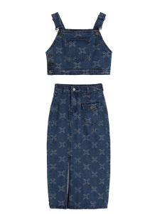 RM1062#夏新款吊带休闲洋气上衣+中长款半身裙两件套牛仔套装女