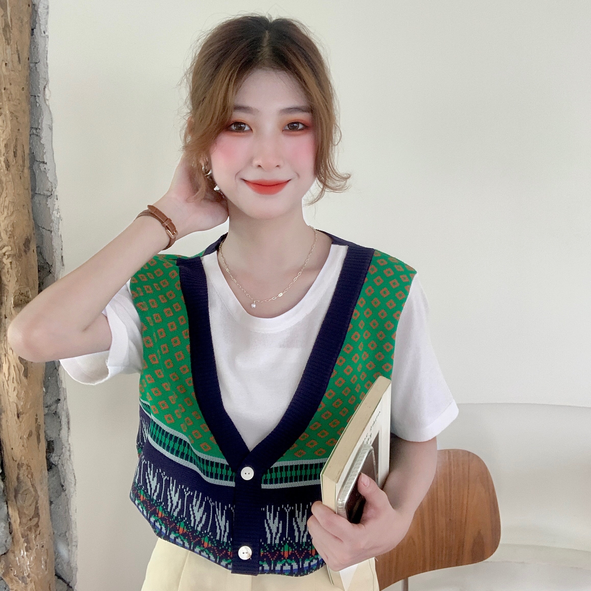 实拍现货~新款复古菱形女拼接假两件开衫针织马甲上衣短袖