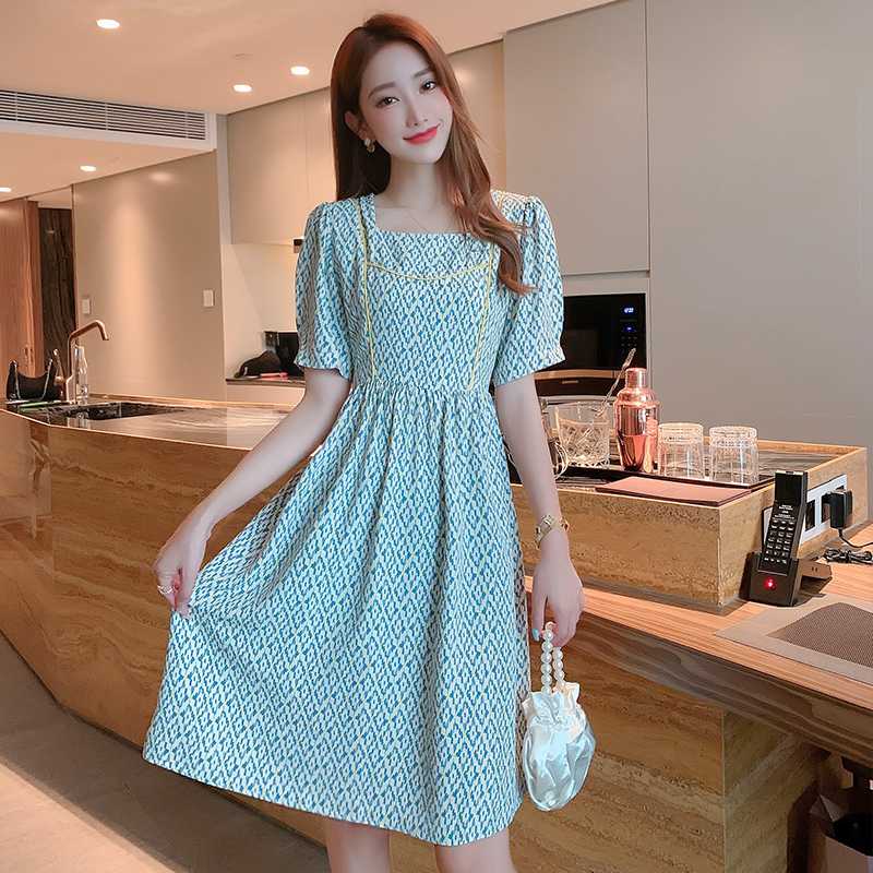 实拍 现货 2021夏泡泡袖韩版方领小个子雪纺短袖夏季中长连衣裙