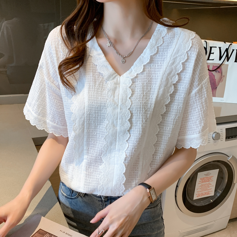 实拍有视频2021夏季新款时尚蕾丝衫小清新小衫上衣短袖女