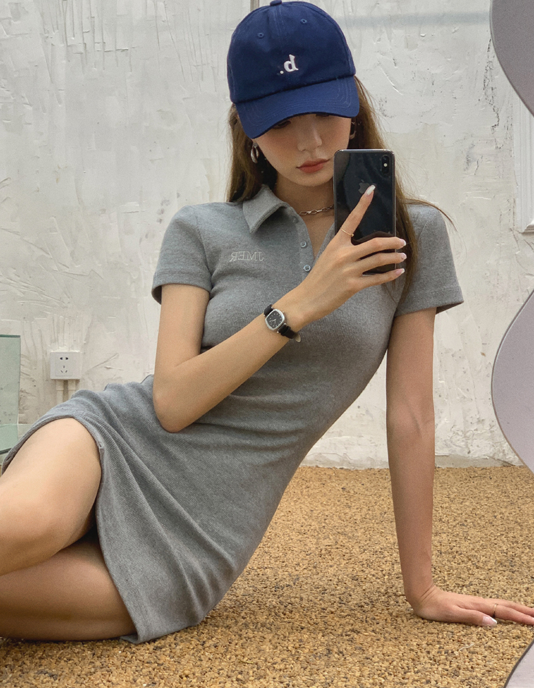 实拍 元气纯欲裙子女夏季polo领包臀裙修身显瘦短款开叉连衣裙