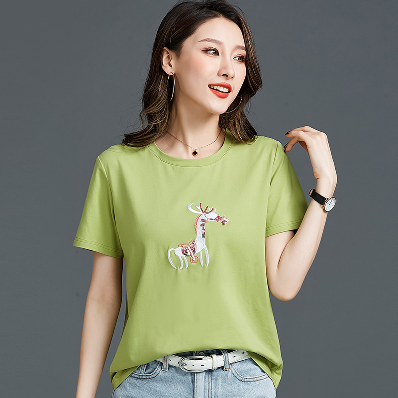 常规短袖 实拍2021夏新款绣花小鹿简约时尚t恤女装100%棉韩版宽松