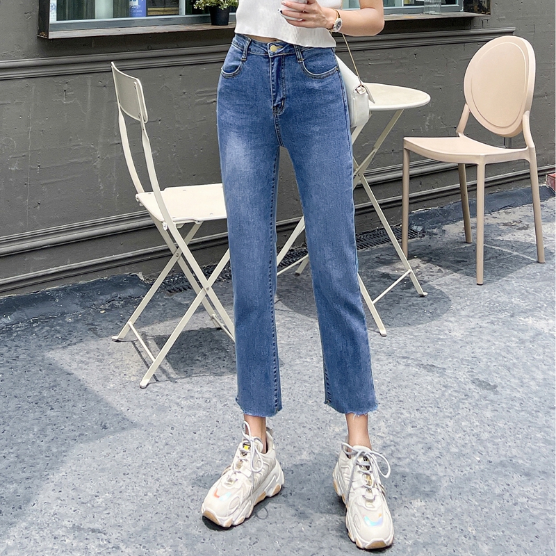 实拍薄款弹力牛仔裤女直筒阔腿chic2021夏季年新款显瘦九分烟管裤