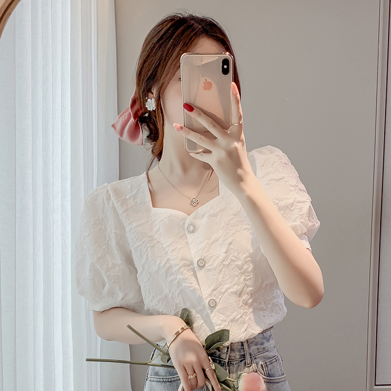 实拍 夏季新立体压花泡泡袖v 领显瘦衬衣