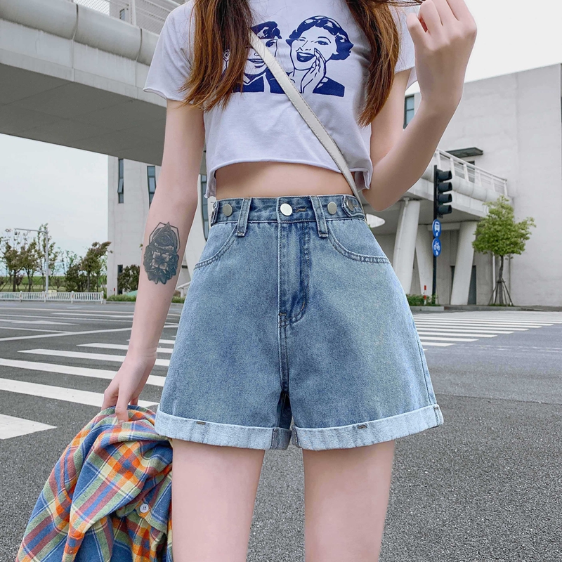 实拍牛仔短裤女装2021新款夏季卷边阔腿裤高腰a字超热裤宽松ins潮