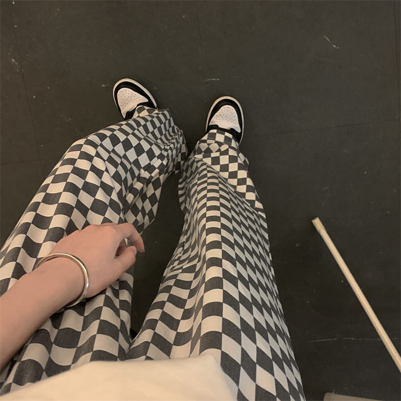 实拍实价  韩版小众夏季棋盘格子抽绳松紧腰运动休闲长裤女