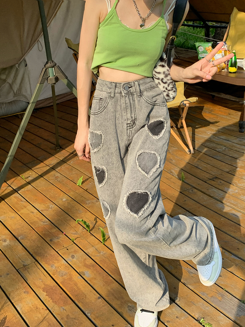 实价实拍三标齐韩版高腰显瘦两色贴布流苏爱心牛仔裤