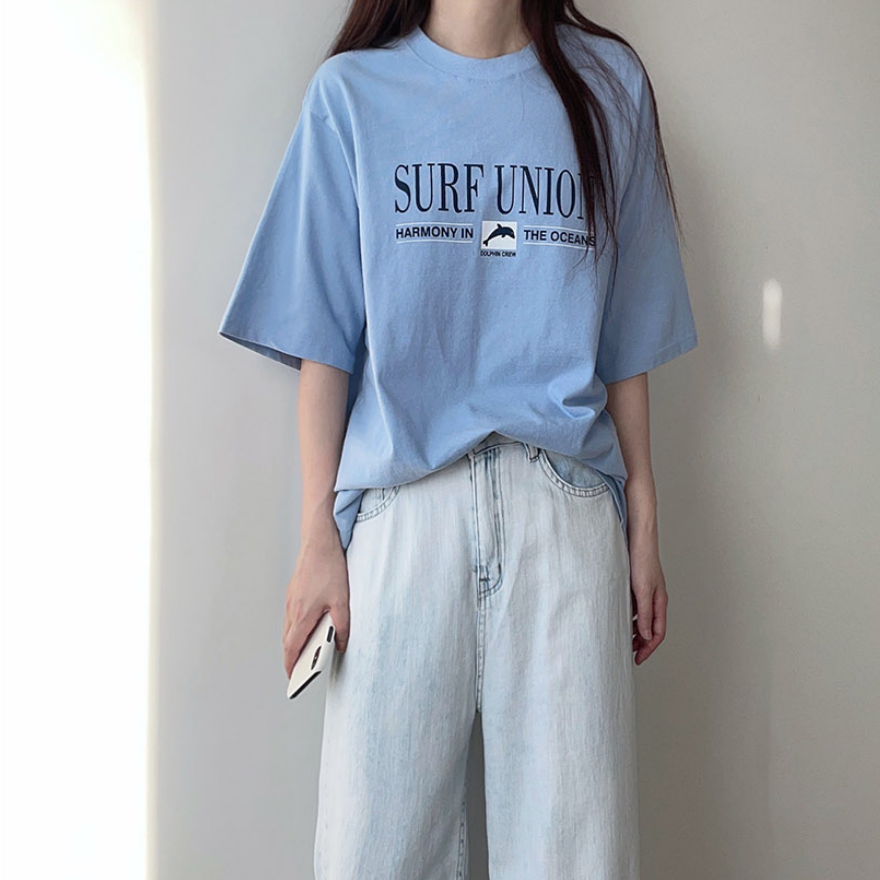~Summer dolphin letter blue retro print Short Sleeve T-Shirt Top Korean Girls Summer