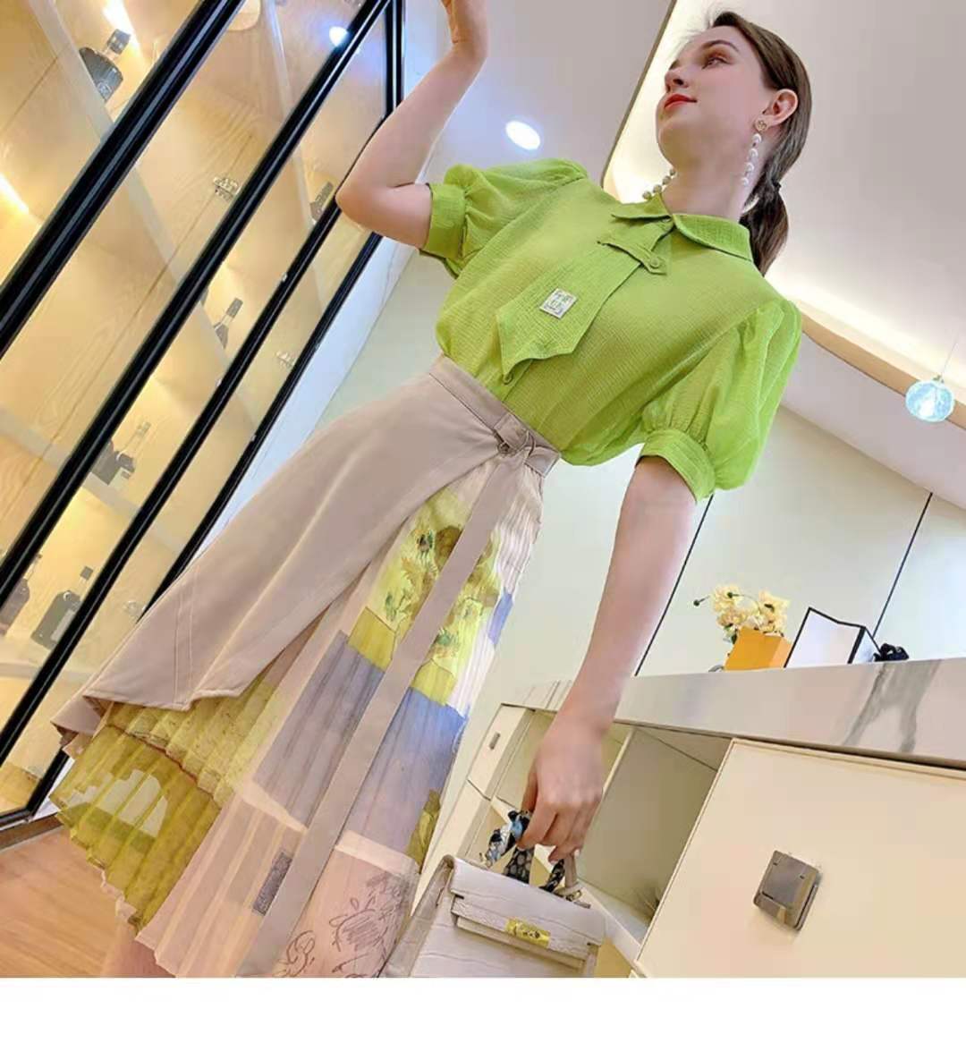 芙娜妮职业女神范连衣裙女夏薄款2021年新款雪纺衫百褶裙两件套装