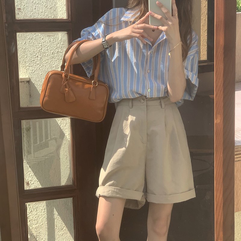 实价实拍三标齐韩版短袖撞色条纹衬衫女