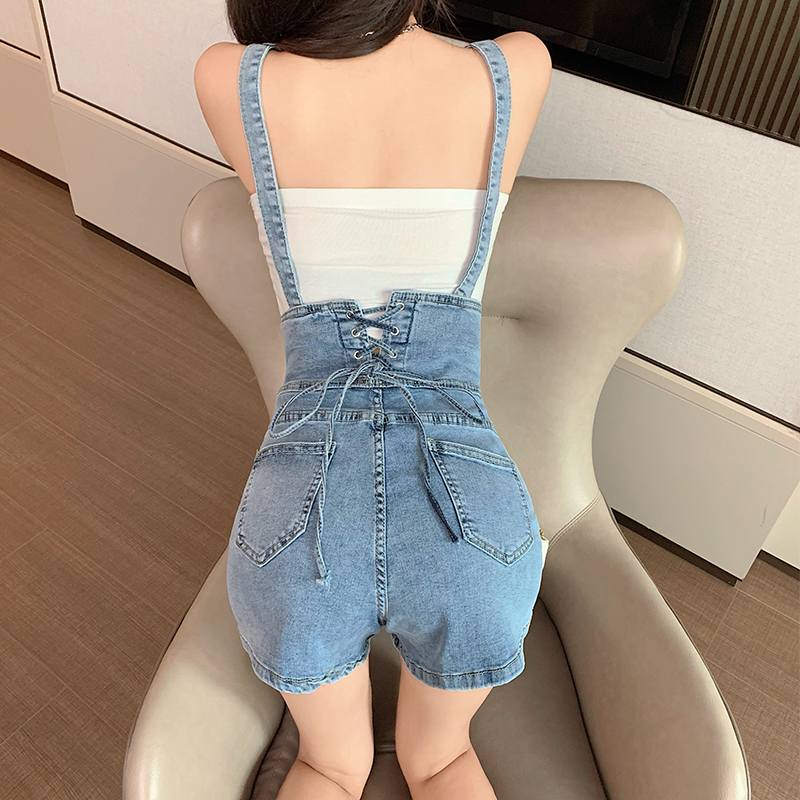 实拍夏秋后绑带弹力高腰牛仔短裤女包两穿可拆卸弹力连体背带裤潮