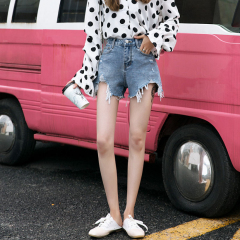 High waist denim shorts women's summer new loose thin net red hole A-size wide leg hot pants fashion