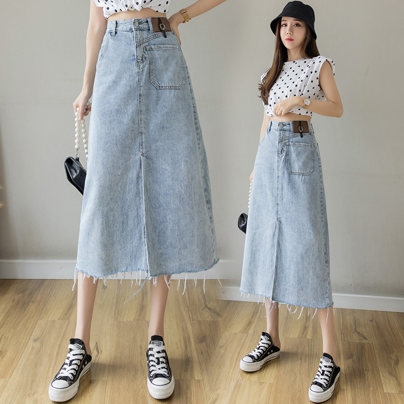 浅蓝色半身裙女夏季薄款2021年新款高腰a字中长款包臀开叉牛仔裙