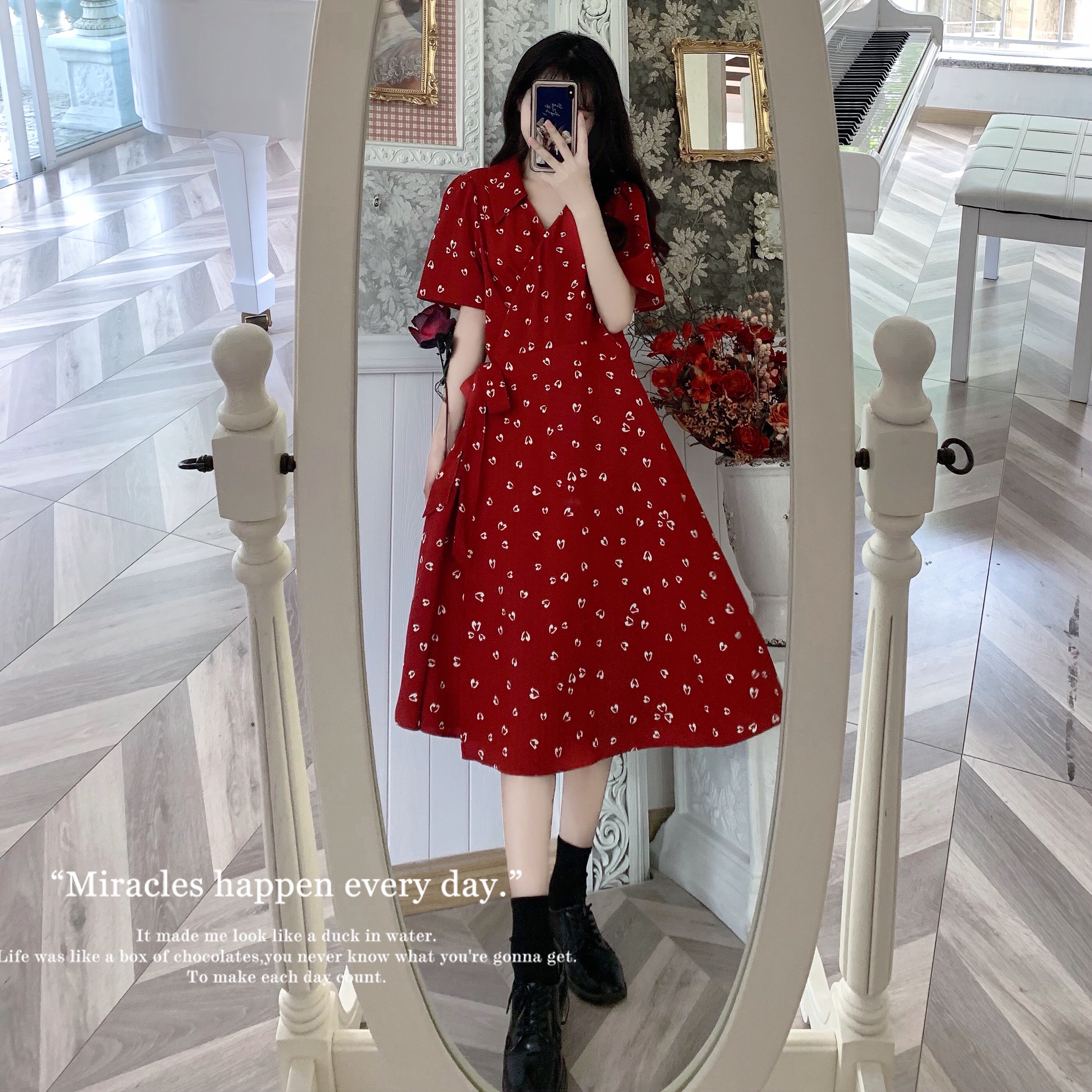 9761#大码女装2021夏新款红色复古法式连衣裙显瘦浪漫茶歇裙子