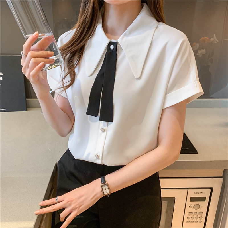 雪纺衬衫女夏短袖2021新款领带设计感小众衬衣气质百搭职业装上衣