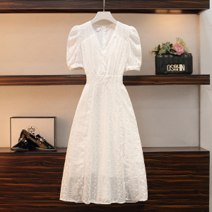 KM21459#法式复古连衣裙女2021夏季新款气质收腰甜V领美白色蕾丝长裙子