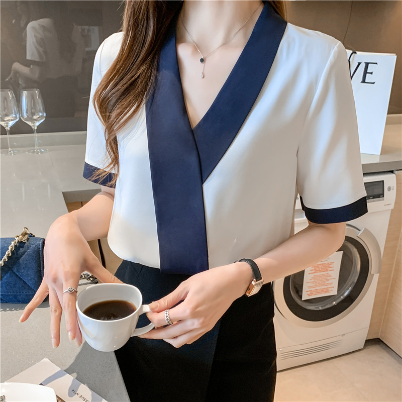 气质V领衬衫女夏装2021新款韩版拼色衬衣设计感小众雪纺衫女短袖