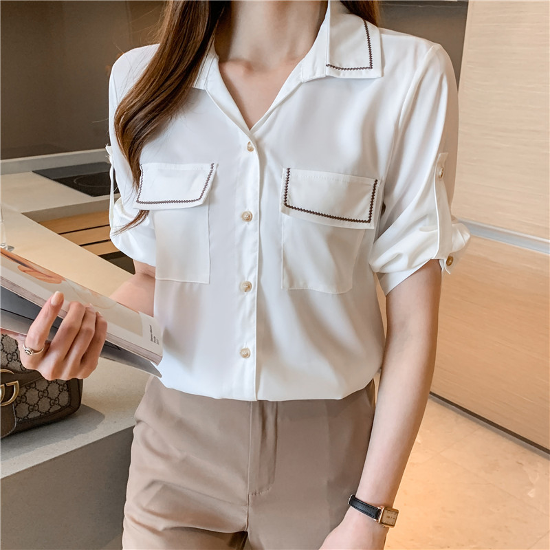 夏季白色雪纺衫女衬衫新款2021年女士上衣短袖别致设计感法式薄款