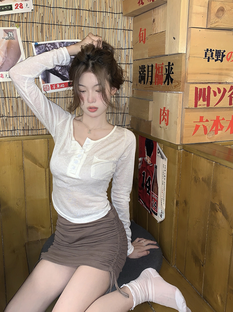 实价实拍三标齐纯欲风防晒长袖T恤打底衫➕松紧半身裙套装