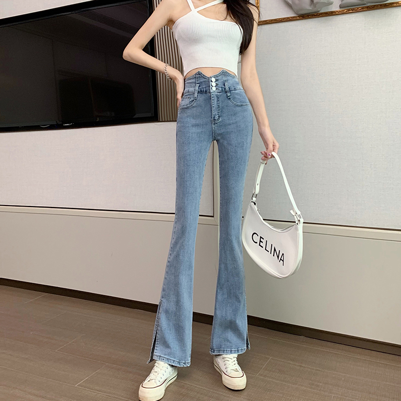 实拍开叉牛仔裤女秋季2021年新款个性高腰显瘦阔腿微喇叭拖地裤子
