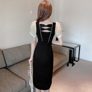 Square neck pearl bow slim mid length dress