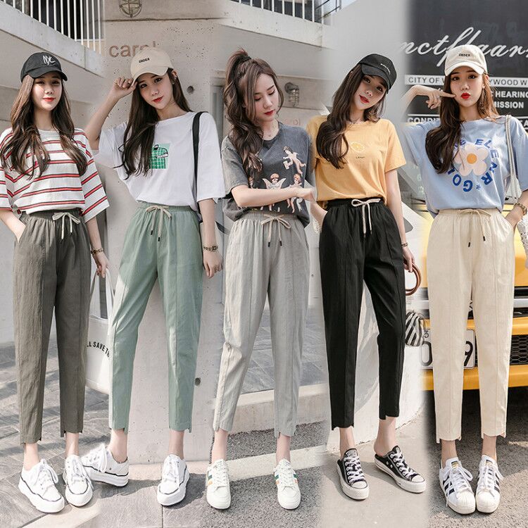 2021实拍现货夏季薄款裤子女九分裤棉麻裤休闲裤显瘦小脚哈伦裤