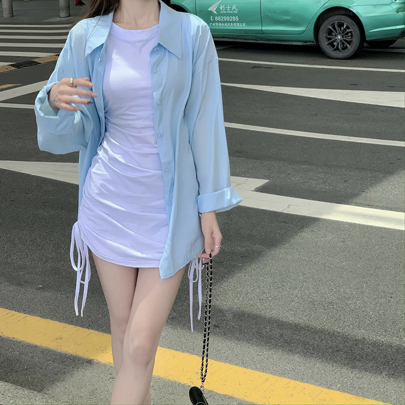 实价实拍三标齐炸街法式背后开叉系带衬衫防晒衣+收腰抽绳连衣裙