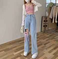 Straight jeans pants with holes for women's Korean version loose new style pants with thin high street design