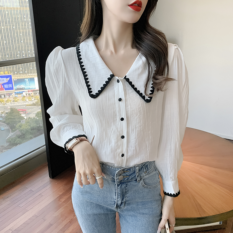 实拍泡泡袖衬衫女秋季长袖薄款设计感小众法式复古别致雪纺衫上衣
