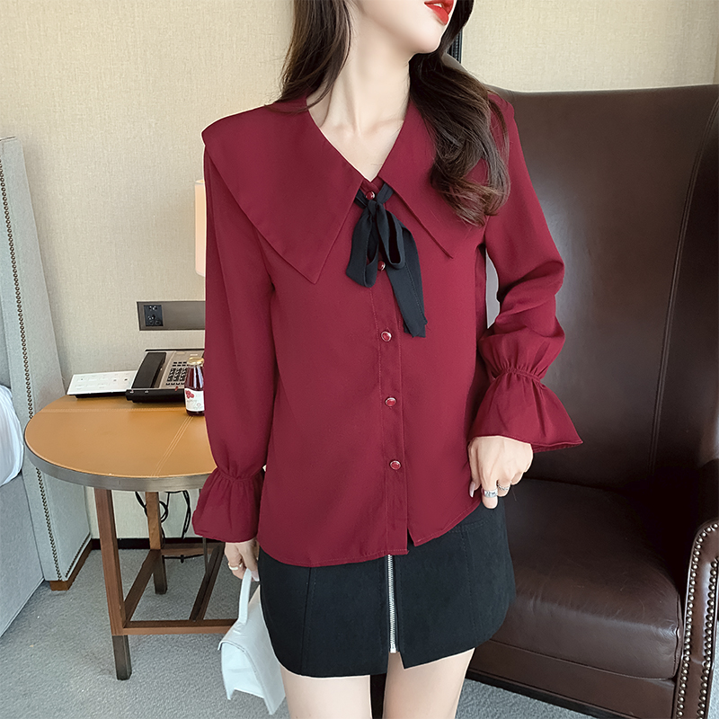 实拍2021秋季娃娃领衬衫设计感小众女上衣轻熟港味雪纺长袖上衣潮